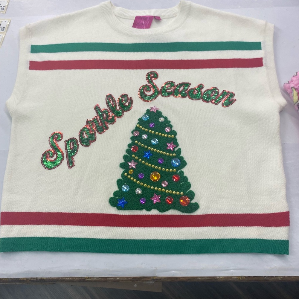 QUEEN OF SPARKLES Cream and Green Holiday Sweater